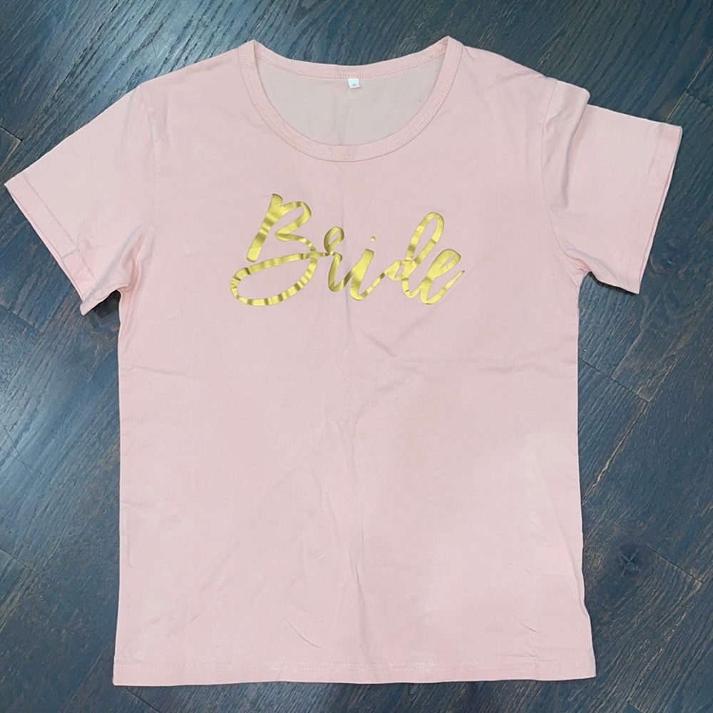 NEW NWT Blush Light Pink White BRIDE Gold Metallic tshirt bachelorette Party top